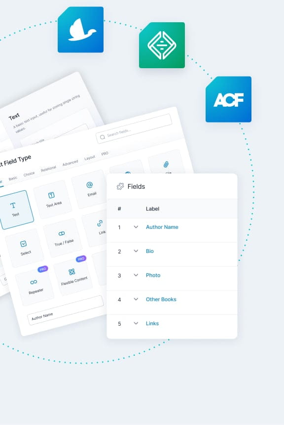 Graphic depicting ACF Ui elements and the logomarks of WP Engine's family of brands