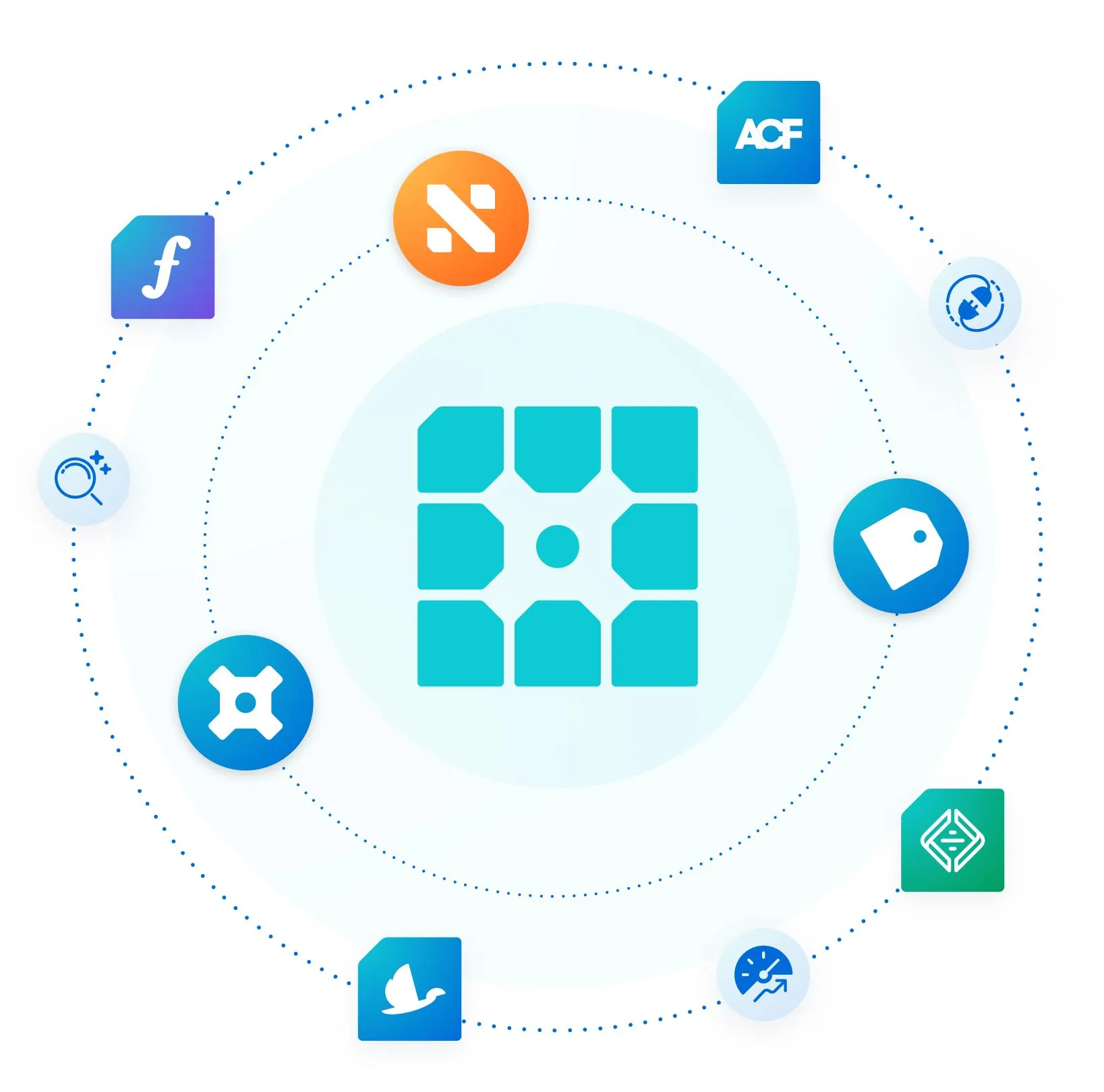 The WP Engine logo mark is orbited by various WP Engine tools and platforms