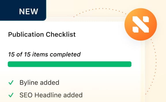 Graphic depicting a publishing tool with the WP Engine Newsroom platform icon and "new" badge