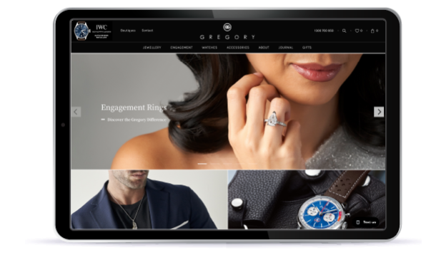 WordPress site mockup with hero images of people modeling fine jewelry