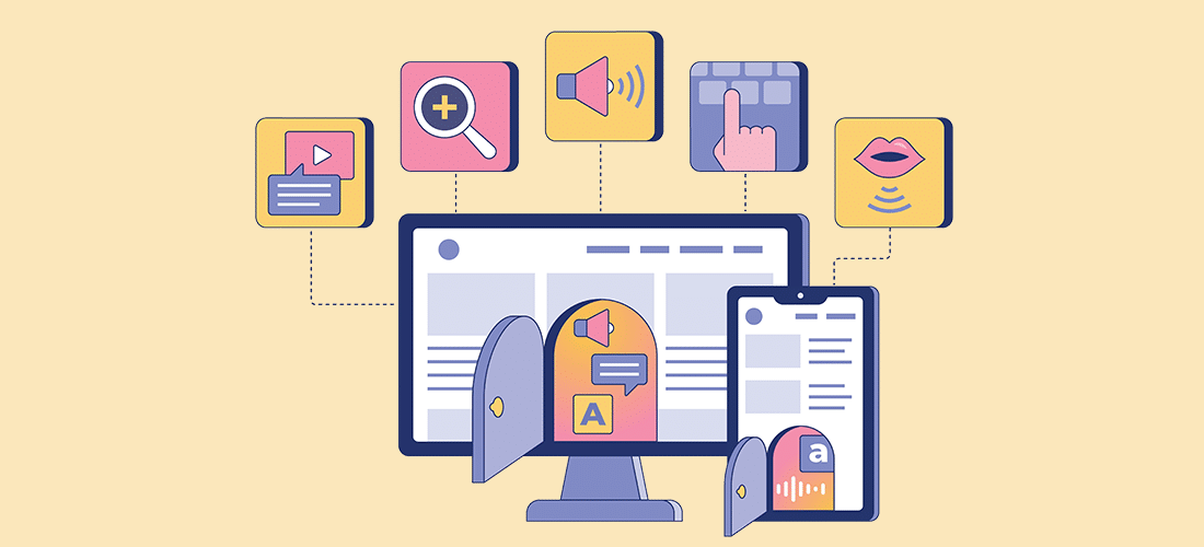 icon representing a computer surrounded with other icons representing areas of accessibility, from a magnifying glass to a mouth depicting talk to text to a megaphone for sound settings