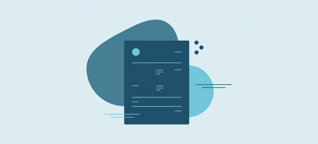 a dark blue icon representing an invoice on a background with bulbous, amorphous blue shapes