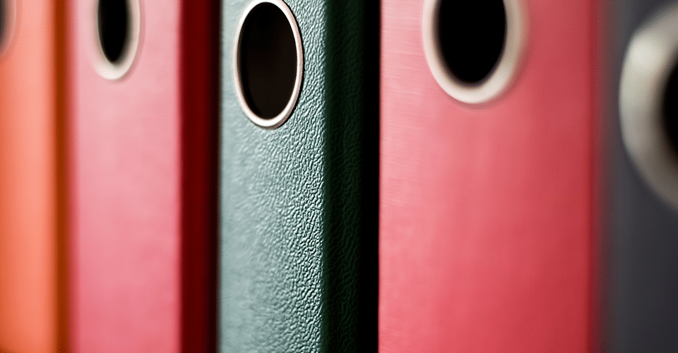 a series of different colored portfolio folders on a shelf