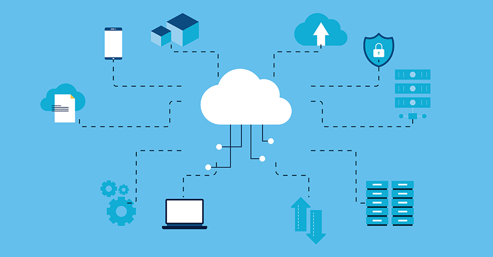 Central cloud icon symbolizing email hosting, connected via dotted lines to other relevant icons such as a smartphone, laptop, security badge, and additional email hosting essential elements.