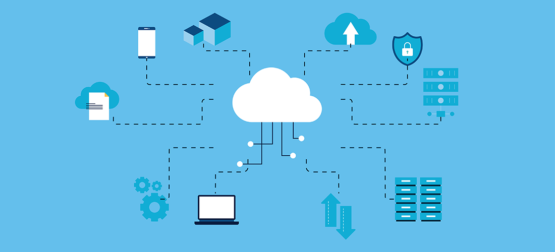 Central cloud icon symbolizing email hosting, connected via dotted lines to other relevant icons such as a smartphone, laptop, security badge, and additional email hosting essential elements.