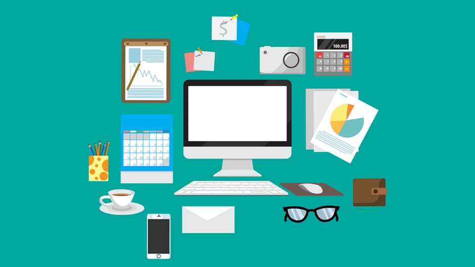 multiple design-related icons on a greenish background, including a computer, a camera, a calendar, a phone, a cup of coffee, and more