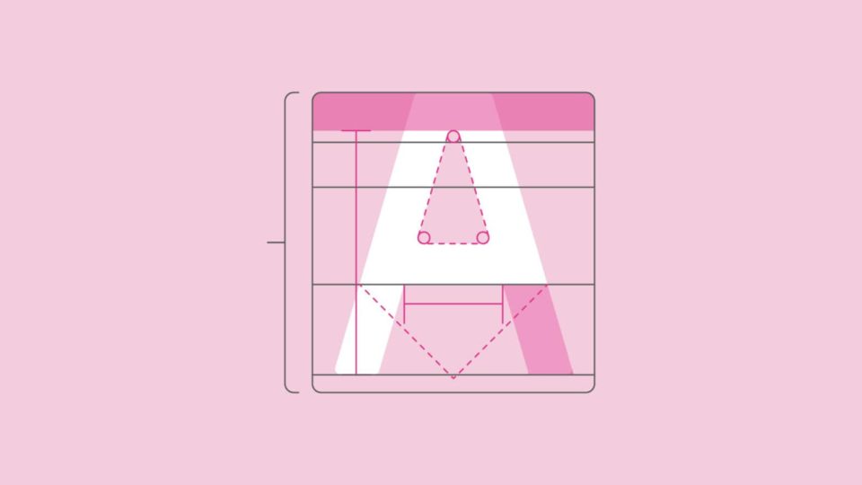 a white letter A on a pink background. Dotted lines suggest this letter is in the process of being designed for a new font. make your own font