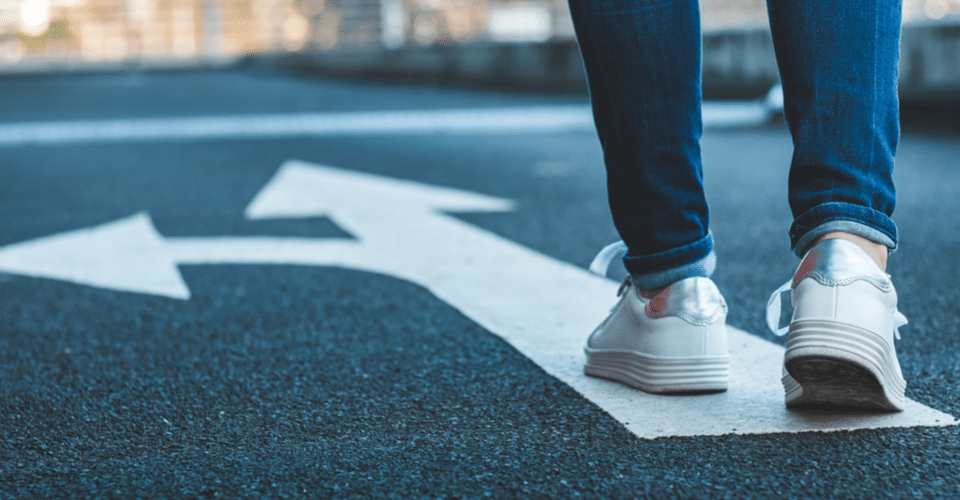 two white arrows on the street pointing different ways