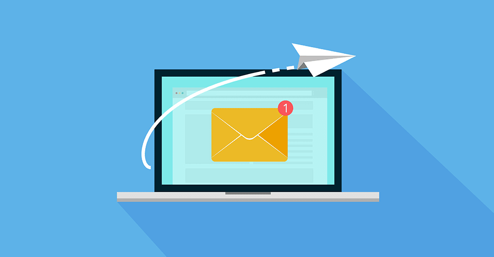 an illustration of a laptop on a blue background displays a mail icon with a red notification bubble in the upper righthand corner. a paper airplane icon circles in front of the laptop