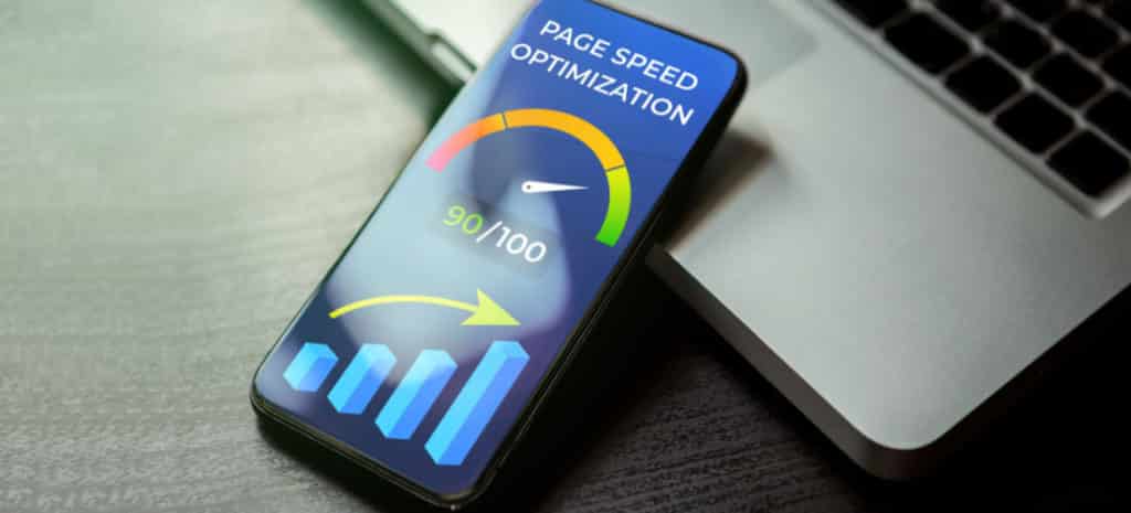 image of a cellphone measuring "page speed optimization" of a website