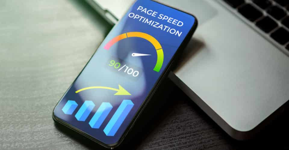 image of a cellphone measuring "page speed optimization" of a website