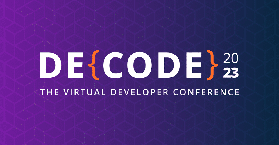 DE{CODE} 2023 logo beneath the WP Engine logo with the tagling The Virtual Developer Conference on a textured purple background