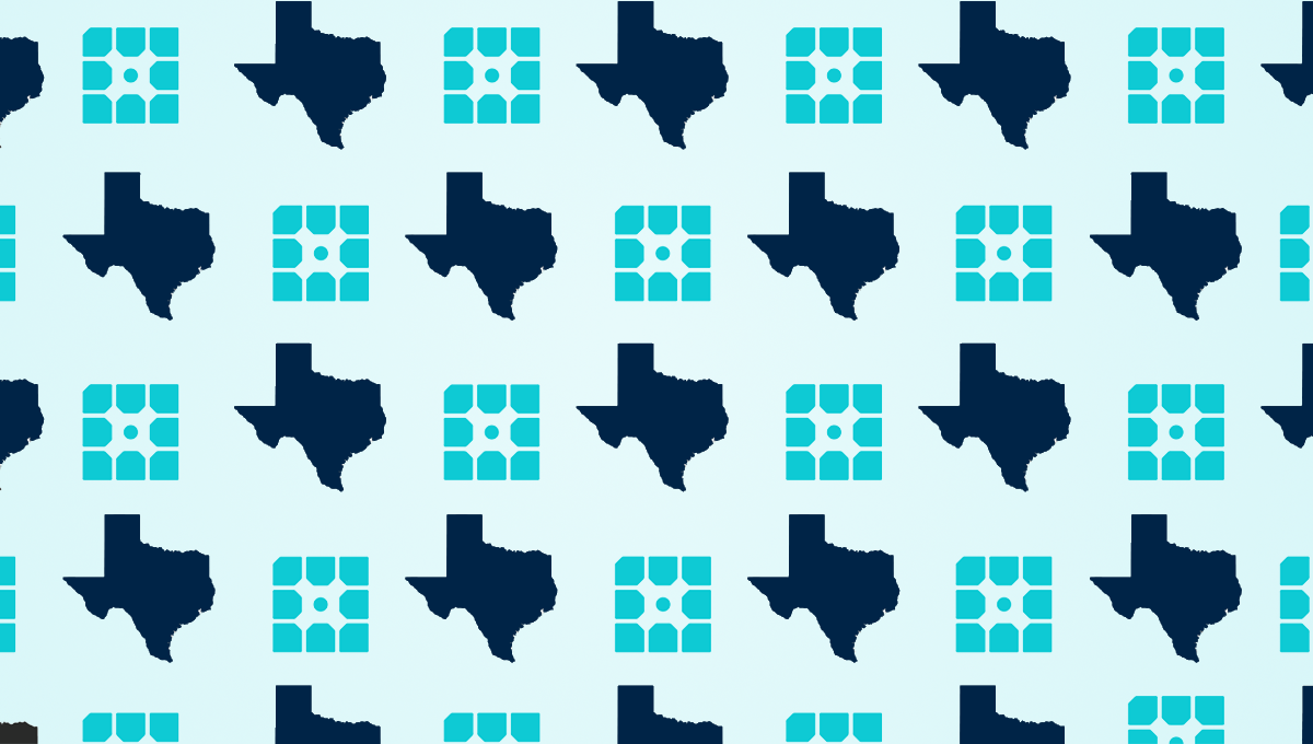 a pattern with the teal WP Engine cog logo and navy blue icons in the shape of the state of Texas