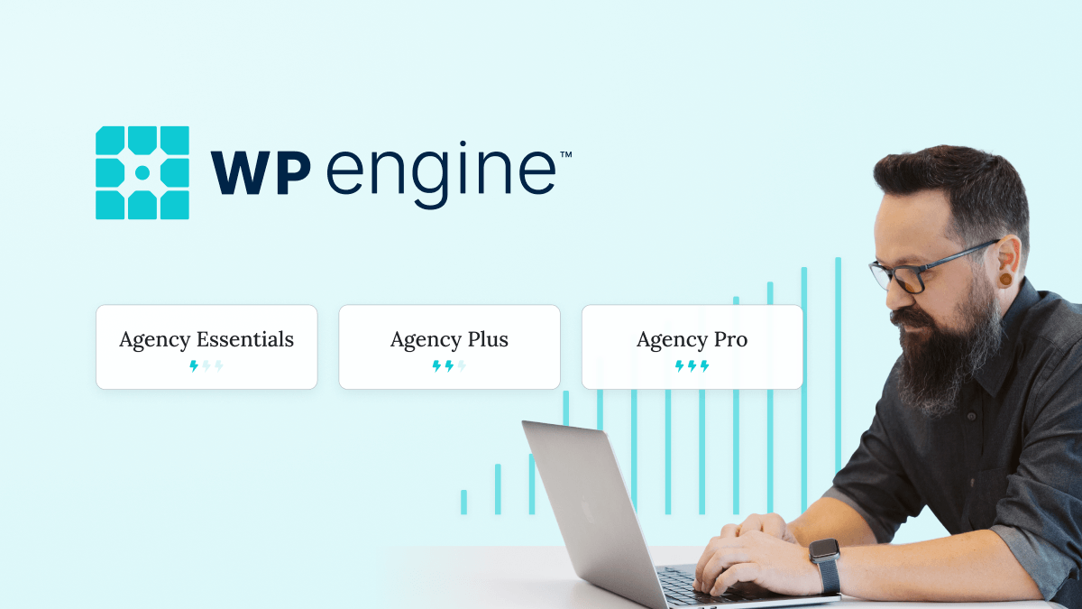 Header for an article on WPE's 2025 agency plans showing an agency owner at his keyboard with an abstraction of the plan levels behind him.