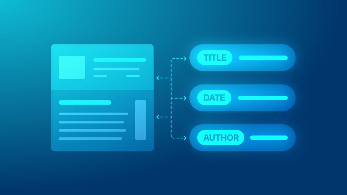An illustration showing a document-like panel on the left connected by dashed lines to three glowing data fields on the right labeled 'TITLE', 'DATE', and 'AUTHOR', representing data extraction.