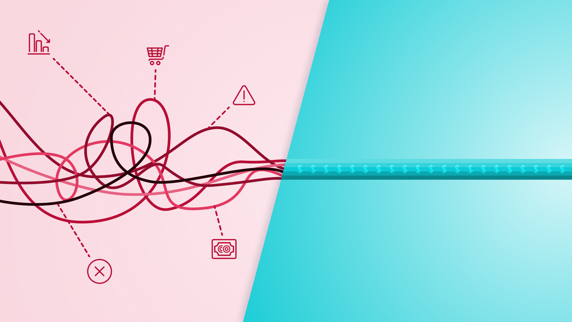 Disparate tools that don't communicate shown as a tangled web of connections with red lines on the left which organize into a single, blue line with dollar signs on the right, showing how a unified eCommerce platform can simplify store operations